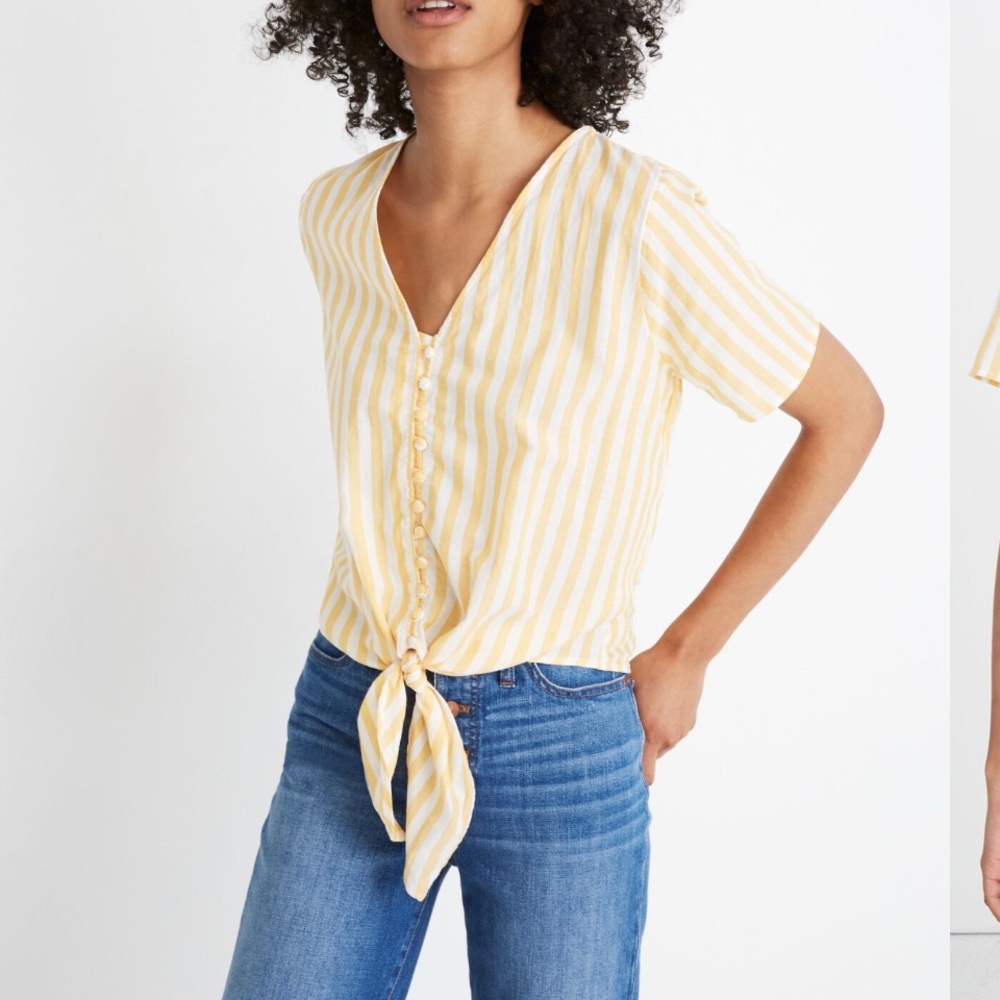 Madewell Agency Tie-Front Button in Orange & white vertical stripe Size S - Picture 2 of 9